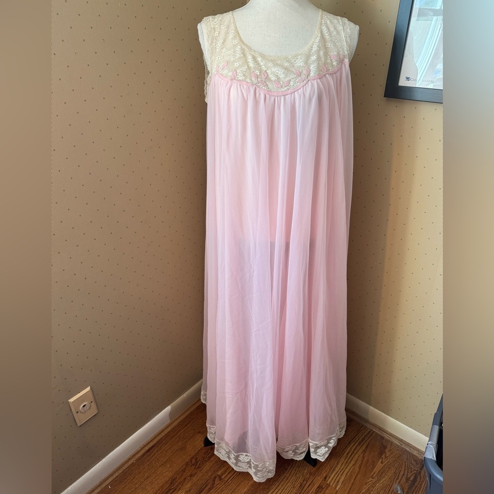 Vintage light pink satin nightgown with delicate embroidery and flower appliqué